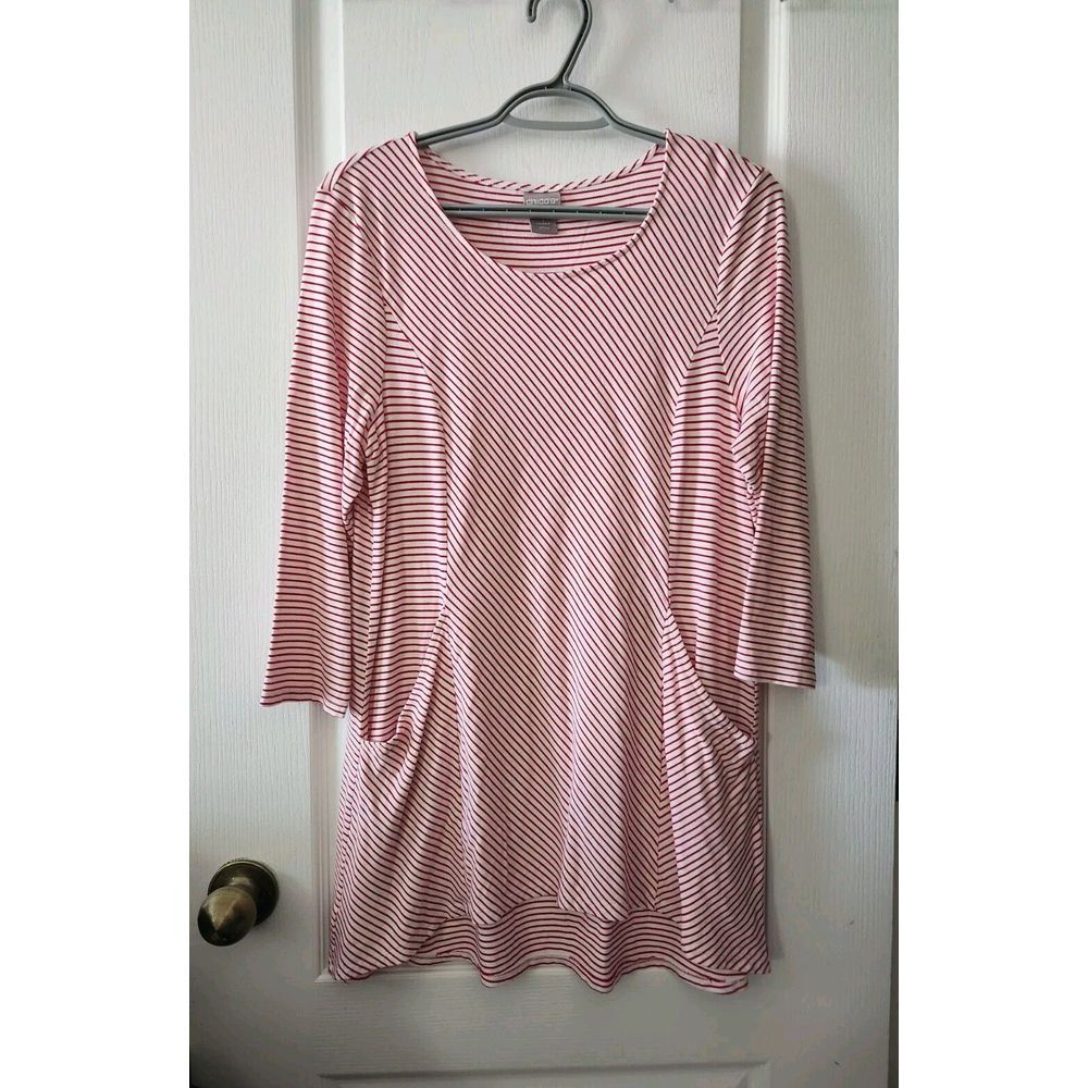 Chico's Womens Red Tunic Striped 3/4 Sleeve Pocket Blouse Casual U.S.‎ Size M